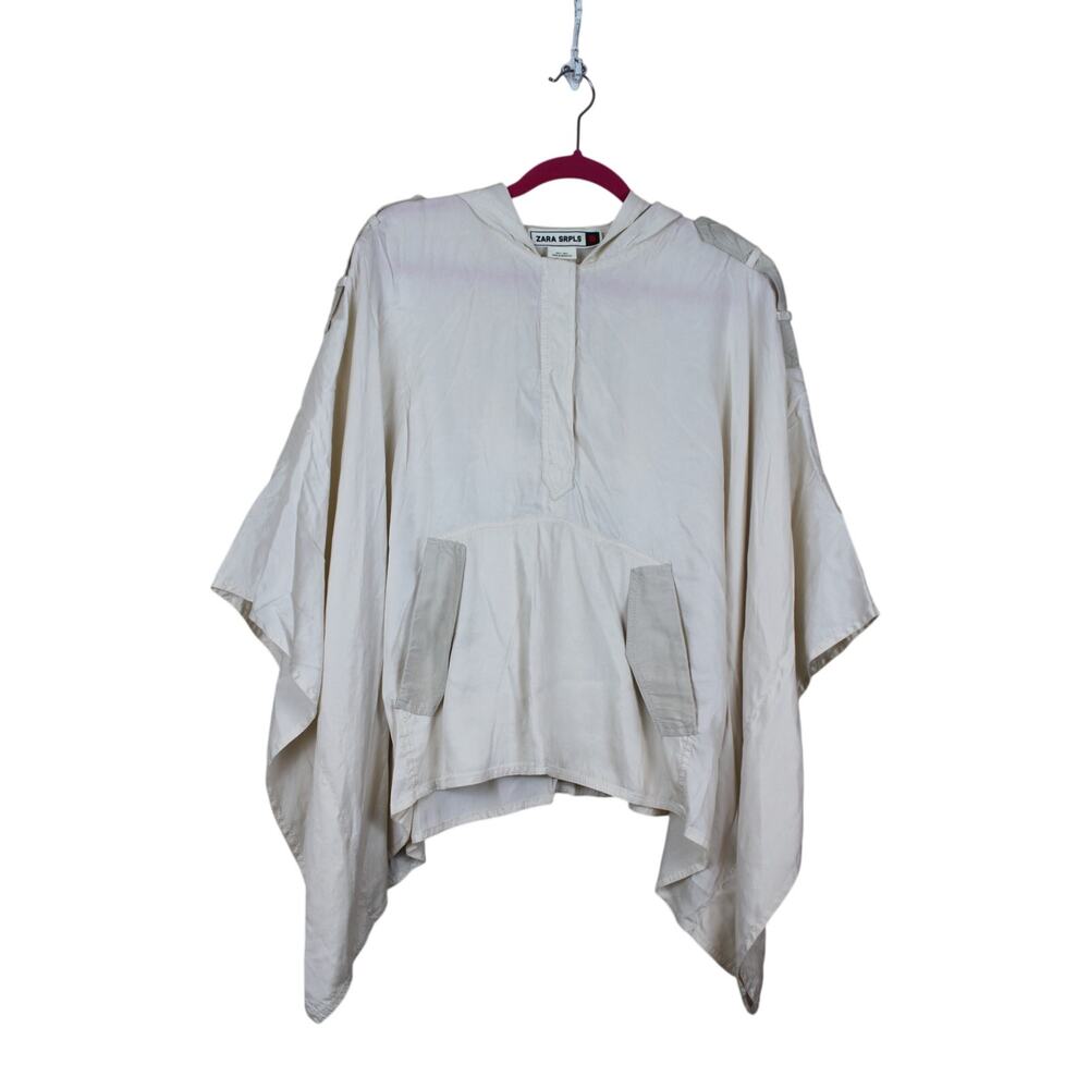 Zara SRPLS Ivory Cream Hooded Casual Oversized Pouch Pocket Poncho Size S